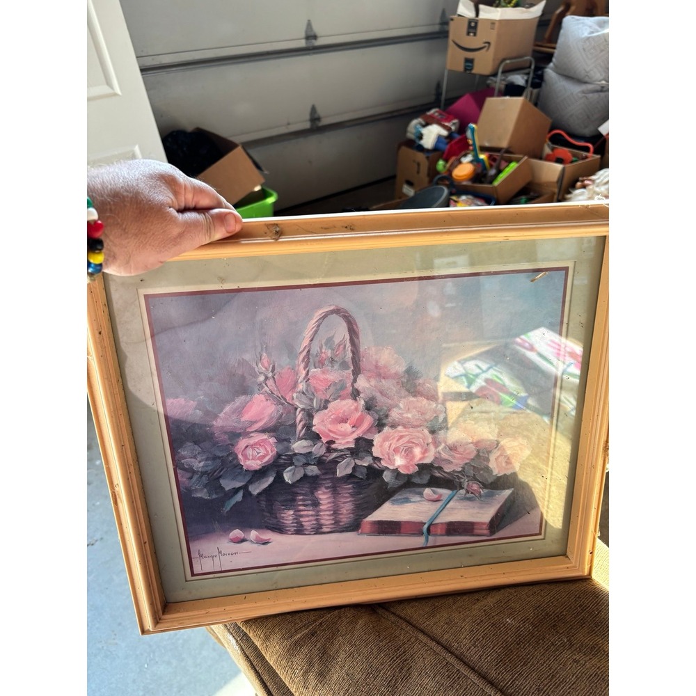 Vintage Margie Morrow Flower Basket Print, Pink Homco Frame, 15x18", 1986